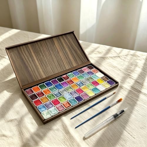 Forestry Shifting Watercolor Painting Set，Shifting Watercolor Painting Set，20 Colors Watercolor Painting Set，Metallic Watercolors，Glitter Watercolor Paint For Children Adults Art Painting (Wooden box 60 colors)