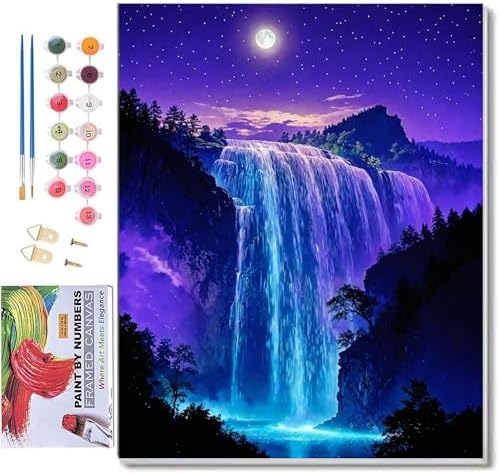 ldazao Framed Paint By Numbers Kit for Adults, Starry Waterfall Paint By Number Artist Kits for Beginner Acrylic On Canvas Forest Oil Painting Kit for Gift Home Wall Decor 9.5x12 Inch