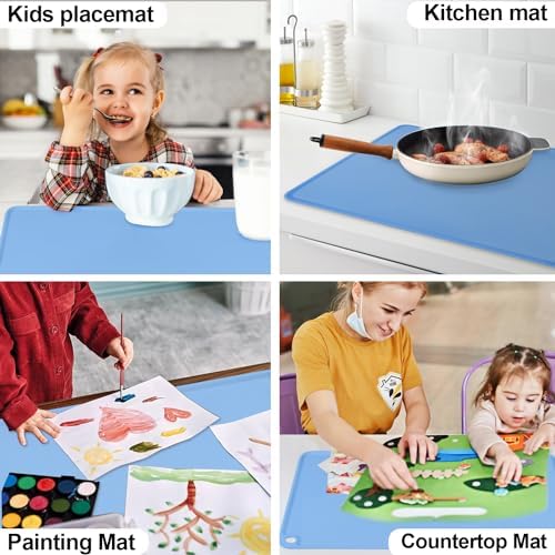 Standard Silicone Table Placemat-Food Grade Kids Dinner Placemat Reusable Countertop Mats Dough Pad with Raised Edges Blue Silicone Mat Heat Resistant for Air Fryer (1Pack 23.6'' x 15.7'')