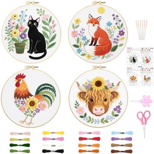 ORIGACH 4 Pcs Flower and Animal Embroidery Kit for Beginners, Stamped Design Embroidery Starter Kit Includes Cloth, Hoops, Threads & Needles