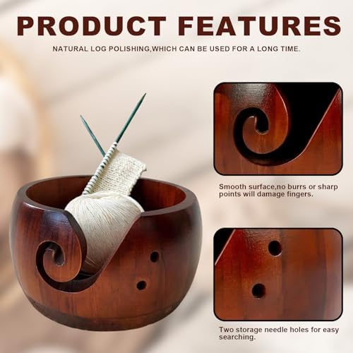 Wooden Yarn Bowl with Lid, Crochet Yarn Bowl with Holes Storage, 5.9x3.7in Knitting Bowl for Handmade Crocheting Accessories, Yarn Storage Bowls for Knitting and Crocheting