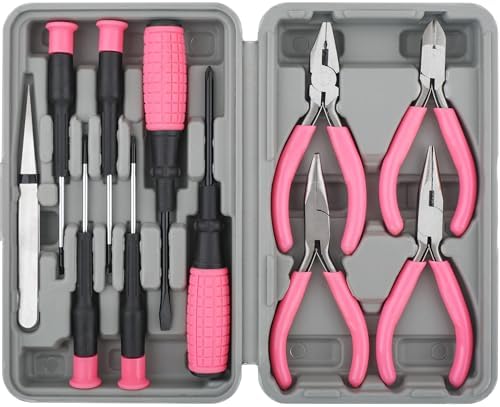 Hi-Spec 11pc Pink Womans Compact Crafts & Home DIY Repair Hand Tool Kit Set with Pliers, Cutters and Precision Screwdrivers for Ladies | 11pc, everyday fixes made easier, organized portable storage, beginner-friendly selection, apartment and office tas...