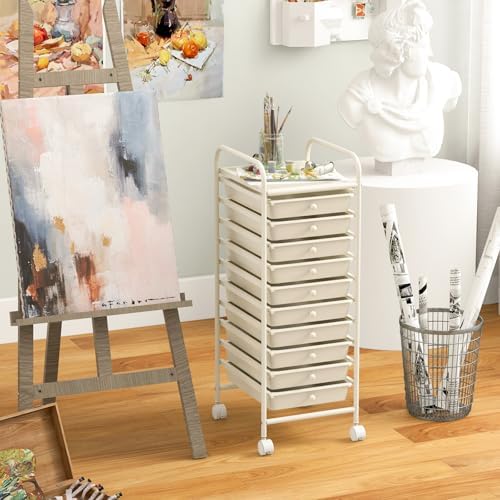Storage Cart, Rolling Utility Cart with 10 Drawers, Portable Handles & Lockable Wheels, Mobile Paper Toys Storage Organizer Large Capacity for Home Office School Teacher (White)