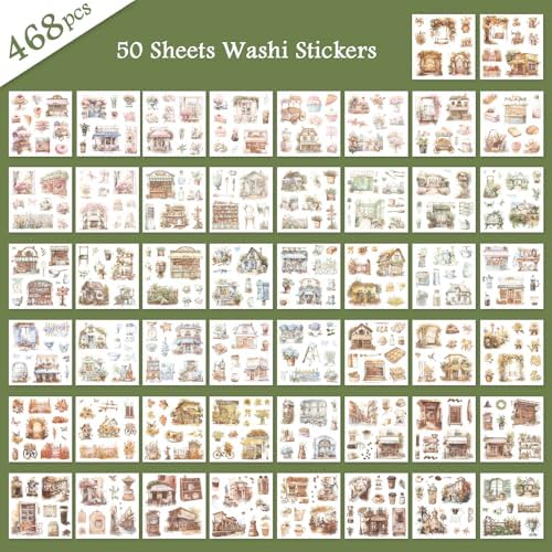 RISYPISY 368Pcs Garden Theme Washi Sticker Book for Journaling | 50 Sheets Nature Scrapbooking Stickers & Ephemera – Junk Journals & Planners