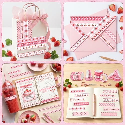 Pink Strawberry Washi Tape - 12 Rolls Waterproof Cute Bow Sweets Desserts Self Adhesive Decorative Paper for Gift Wrapping Scrapbook Journaling Kitchen Birthday Party Favor Craft Supplies
