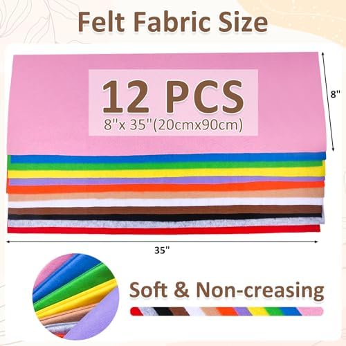 XSEINO 12 Rolls 8"x35"(20.5x90cm) 1.4mm Thick Soft Felt Fabric Sheet 12 Assorted Colors Felt Pack for DIY Craft Sewing Squares Nonwoven Patchwork