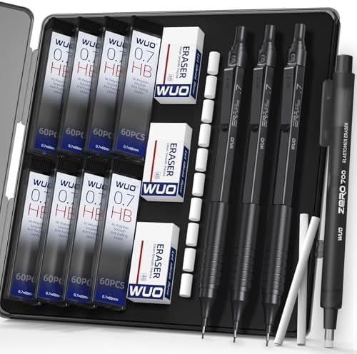 WUO 0.7mm Mechanical Pencil Set, 3 Pack Black Metal Drafting Pencils