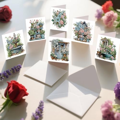C'eitura 12Pcs Garden Flowers Diamond Art Painting Greeting Card Kit with Envelopes, DIY Floral Christmas Birthday Thanksgiving Card Making Set, All Occasion Handmade Card Craft