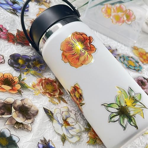 50pcs Gold Stamp Stickers for Laptop Water Bottles, Transparent PET Waterproof Adhesive ElegantFloral Decals Flower Sticker for Kids Birthday Party Scrapbook Phone (Gold Stamp-2)