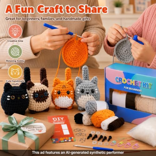 Esoes Crochet Kit for Beginners-4PCS Cat Crochet Kits for Adults, Amigurumi Crochet Animals Cat Crafts Crochet Kits, Holiday Gifts