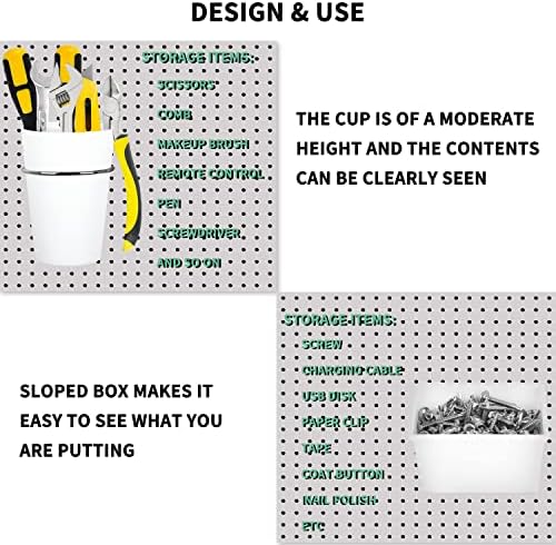 Kuhome 6 Sets Pegboard Bins Cups with Hooks Loops, Pegboard Hooks Assortment, Hooks for Pegboard Cup Holder for Tools Accessory Storage Organizer for Office Workshop Garage Workbench White