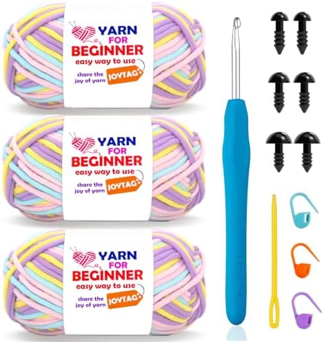 3 Pack Rainbow Beginner Crochet Yarn for Crocheting Knitting Multicolor Cotton Crochet Yarn for Beginners Easy Yarn for Beginners(Yellow Pink Purple Blue)