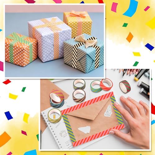 Whaline 12 Rolls Striped Washi Tape Masking Tape Set Colorful Cabana Stripe Decorative Wrapping Paper Tapes Boxed for Birthday Scrapbook Journal DIY Crafts