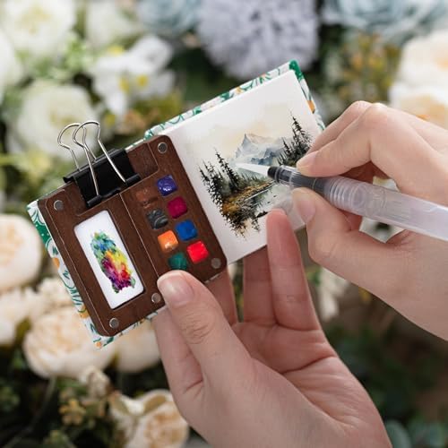 Qilery Mini Portable Watercolor Palette Set Wooden Grid Paint Box Watercolor Paper Sketch Book Brush Pens with Binder Clip for Painters Artist Not Include Paint(Mountain Chrysanthemum)