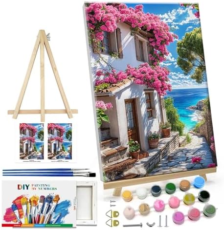 ATDMS Paint by Numbers Kit for Adults with Frame Landscape Paint by Number with Easel DIY Flowers House Adult Paint by Number Kits Paint by Numbers Kit on Canvas for Gift Home Wall Decor 8x12 Inch