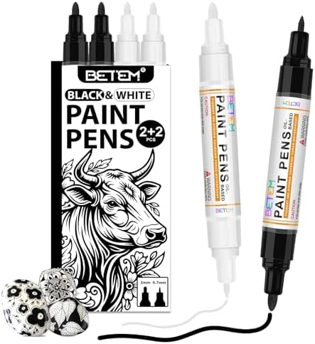 Betem 4 Oil Based Black White Paint Pens, Permanent Fabric Paint Markers