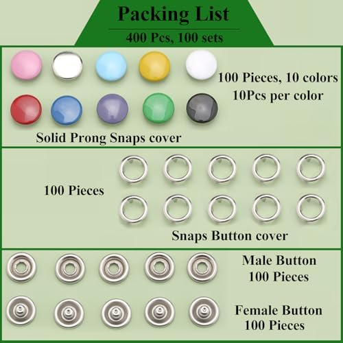 MIFOLEU 9.5mm Snap Button Kit, 100 Sets Snaps for Fabric with Tool (400PCS)