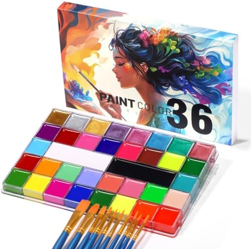 Face Body Paint Kit 36 Colors, 11 UV Neon Glow, 10 Brushes for Halloween