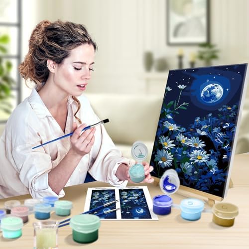 JOOZ Paint by Numbers Kit for Adults with Frame, Moon Paint by Number with Easel, DIY Starry Sky Flowers Oil Painting by Numbers, Easy Adult Paint by Number Kits on Canvas for Wall Decor 8x12 Inch