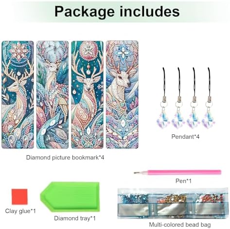4 Pack DIY Diamond Painting Bookmarks, Special Shaped Deer Design Handmade Crystal Rhinestone Bookmark Kits with Tassel, Sparkling Art Bookmark for Reading Enthusiasts
