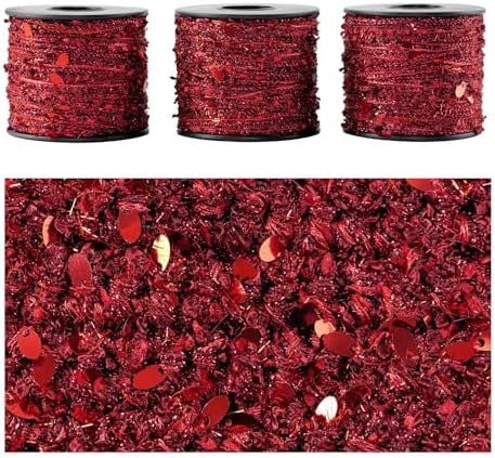 Artisanal Yarn Collection Multifiber Fancy Yarn for Knitting Crocheting Crafts DIY, Set of 3 Rolls (Red Teardrop Sequins)