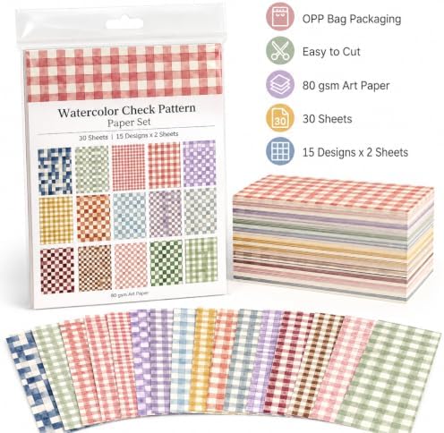 30 Sheets Watercolor Check Pattern Scrapbook Paper,Decorative Cardstock for Junk Journaling, DIY Gift Wrapping, Card Making & Photo Collage Background