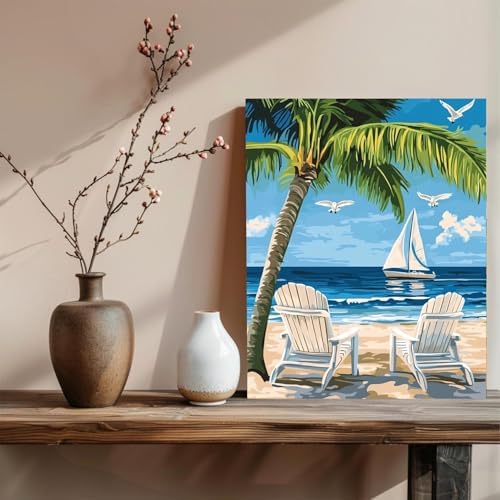 xcemhil Beach Paint by Numbers Kit for Adults, Paint by Number Palm Tree, Seaside Paint by Numbers Kit for Adults Beginner for Gift and Home Wall Decor 16x20 Inch