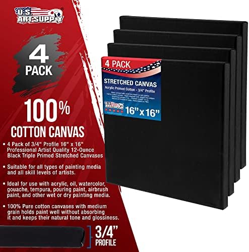 U.S. Art Supply 16"x16" Black Stretched Canvas for Painting, 3/4", 4-Pack