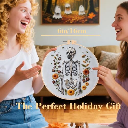 Floral Witch Hat Embroidery Kit Halloween Cross Stitch Material Set with Bat Skull Flower Pumpkin Patterns, DIY Hand Needlepoint Embroidery Craft Kit for Beginners Professional (Spooky Skeleton)