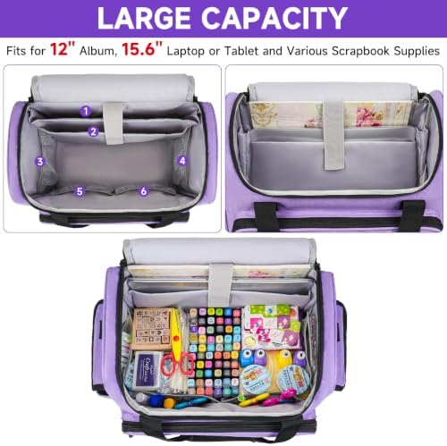 Craft Bag for Scrapbook Supplies, Large Scrapbook Tote with 15.6'' Laptop Sleeve, Art Supply Storage Bag with Multiple Pockets for Scrapbooking Tools, Purple