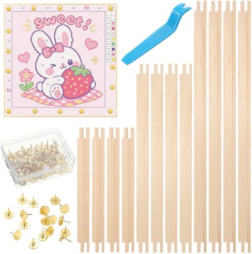 Oqqlin 12 Pcs Stretcher Bars for Needlework, 8/12/ 16 Inch Wooden Canvas Stretcher Bars Durable Cross Stitch Frame Set with 50 Thumb Tacks for DIY Craft, Embroidery