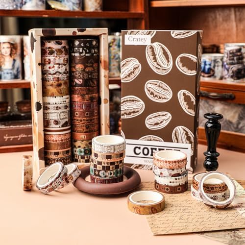 32 Rolls Washi Tape Set,Vintage Coffee Themed Decorative Tape Retro Brown Watercolor Cafe Masking Tape for Journaling Supplies,Junk Journal, Scrapbooking,Planner,DIY Arts & Crafts Supplies