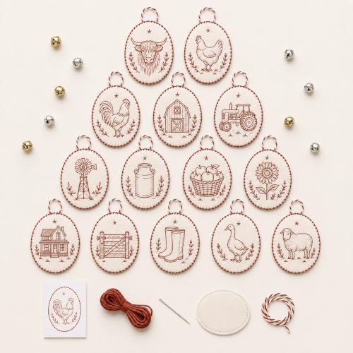 Beginner-Friendly DIY Heirloom Oval Embroidery Ornament Kit Collection, Christmas Embroidery Kit, Threads & Tools, Complete Craft Kits for Adults, Xmas Tree Hanging Decor (Farm)