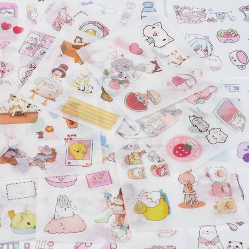 Cute Washi Paper Boxed Stickers Set 50 Sheets - Aesthetic Decorative Sticker for Scrapbooking, Kid DIY Arts Crafts, Album, Bullet Journaling, Junk Journal, Planners, Calendars and Notebook
