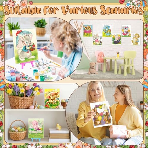 Blosssound 10 Set Easter Vintage Pre Printed Canvas Bunny Eggs Pre Drawn Canvas Painting with Easel Kits 5" x 7" Outline Painting Panels for Beginners, DIY Craft Project, Party Favor, Home Decors