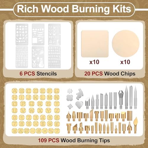 Lothee 136 Pcs Wood Burning Kit for Adults Beginners, Adjustable Temperature Pyrography Pen Set with Alphabet Number Tips, Stencils & Wood Chips, DIY Wooden Burner Tool for Embossing Carving