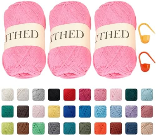 Cotton Chainette Yarn,4 Medium (Worsted)-10oz,3 Pack,Knitting Yarn for Beginners,Thicker for Crocheting and Knitting (07 Pink)
