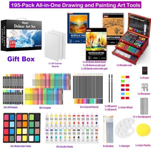 iBayam Art Supplies, 195-Pack Deluxe Drawing Painting Kit, 3 Sketchbook Set