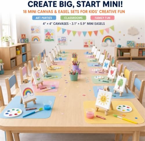 18-Set Mini Canvas Boards with Easels, 4 x 4 Inch, Paint Party