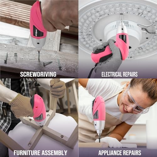 Hi-Spec 3.6V Cordless Electric Screwdriver and Tool Kit for DIY, Pink | 19pc, fast assembly help, common screw bit selection, LED visibility, compact grip, quick household fixes, organized storage