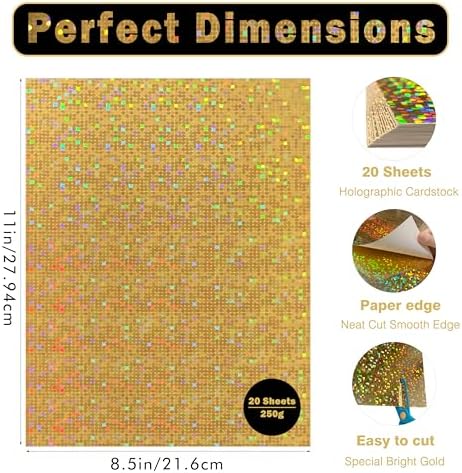 Holographic Gold Cardstock 8.5x11, 92lb/250GSM Iridescent 20 Sheets