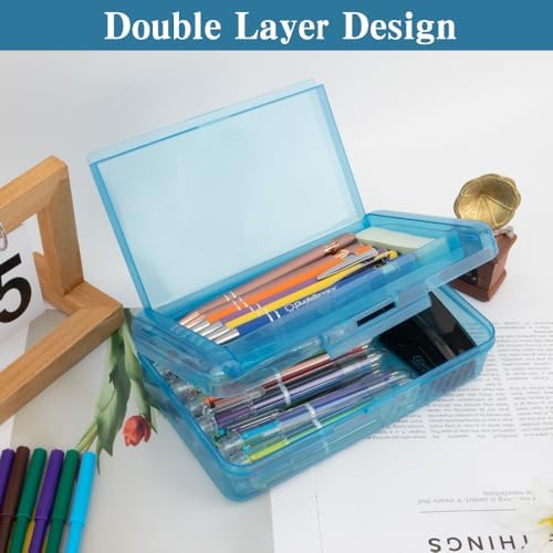 Pencil Case Box, Navy Blue Double Layer Large Capacity Plastic Pencil Boxs, Hard Pen Case with Snap-tight Lid,Storage Art Craft Box Marker Organizer for Kids Boys Girls Offices Back to School Supplies