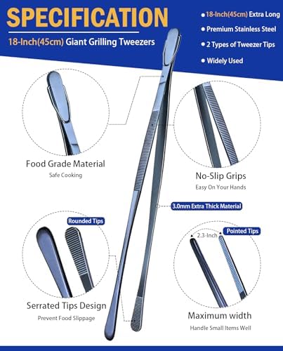 JETKONG 2 Pcs 18 Inch (45cm) Stainless Steel Grill Tongs Heavy Duty Giant Tweezer Tongs, Extra Large Tweezers Tools for Cooking, Grilling, BBQ and Turning Food (Navy Blue)