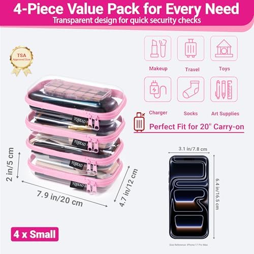 YQBRAO Clear Hard Shell Zipper Cases, 4 Small Cable Organizers, Pink