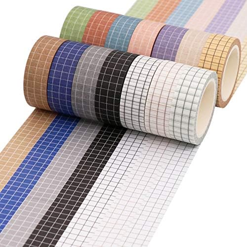 Knaid Grid Washi Tape Set, 14 Rolls of 15 mm Wide Decorative Colored Masking Tapes for Scrapbooking, DIY Decor and Crafts, Bullet Journals, Planners, Junk Journal, Gift Wrapping