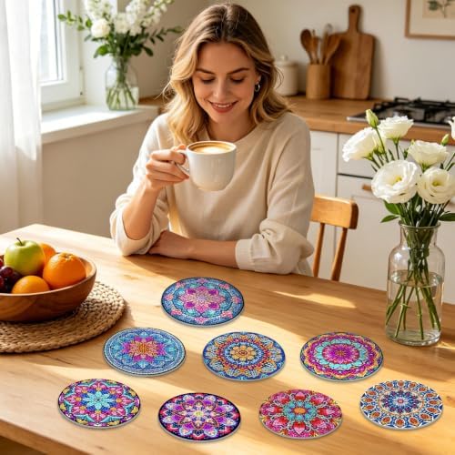 Mandala Diamond Art Coaster Kit with Holder, 8PCS Diamond Painting Coasters
