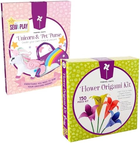 Pinwheel Crafts Flower Origami & Unicorn Purse Sewing Kit Bundle – Creative Arts & Crafts Set for Kids Ages 6+ – Includes 100 Origami Sheets, Decorative Accessories, Pre-Cut Felt Pieces, Embroidery Fl