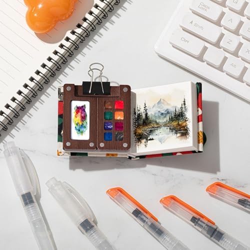 Qilery Mini Portable Watercolor Palette Set Wooden Grid Paint Box Watercolor Paper Sketch Book Brush Pens with Binder Clip for Painters Artist Not Include Paint(Cat)