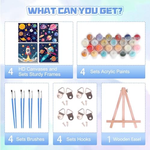 bleihum 4 Pack Paint by Numbers Kit for Kids with Frame Wooden Easel | Easy Paint by Number Kids Space, DIY Acrylic Oil Painting by Numbers for Home Wall Decor 8x8 Inch