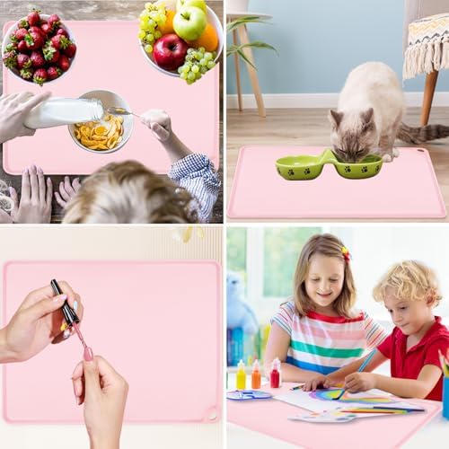 Pink Toddler Placemat-Non Slip Placemat for Girl Baby, Portable Food Mat Reusable Placemats for Travel and High Chairs Silicone Table Mat with Raised Edges-Easy to Clean(1Pack 19.7" x 15.7")